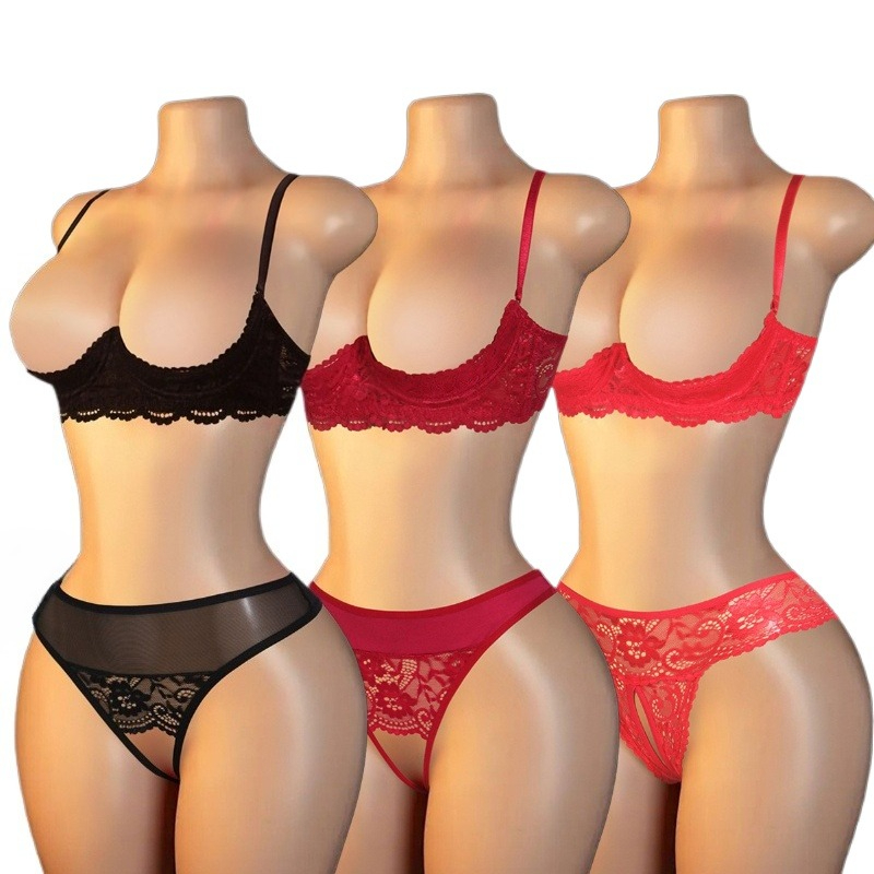 Underwire Bra Padded - ชุดชั้นในเซ็กซี่ลูกไม้เว้าแหวกแบบ 1/4 คัพ ไร้โครงเสริมทรง พร้อมกางเกงชั้นในแบบเป้าเปิด ชุดชั้นใน